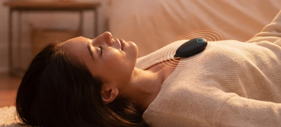 Sensate stress relief wearable device used on the chest for calming vibrations