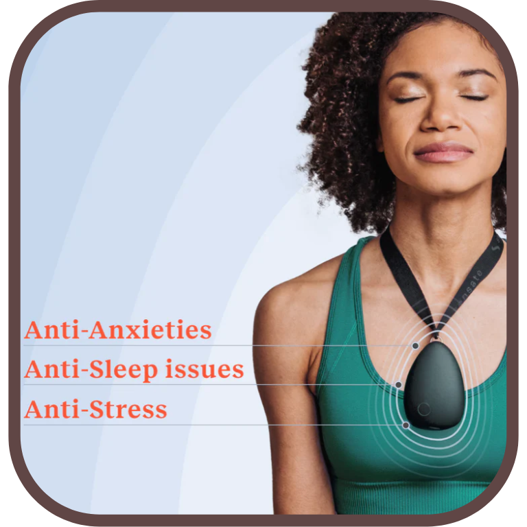 Woman wearing the Sensate device on a lanyard, labeled anti-anxiety, anti-sleep issues, and anti-stress