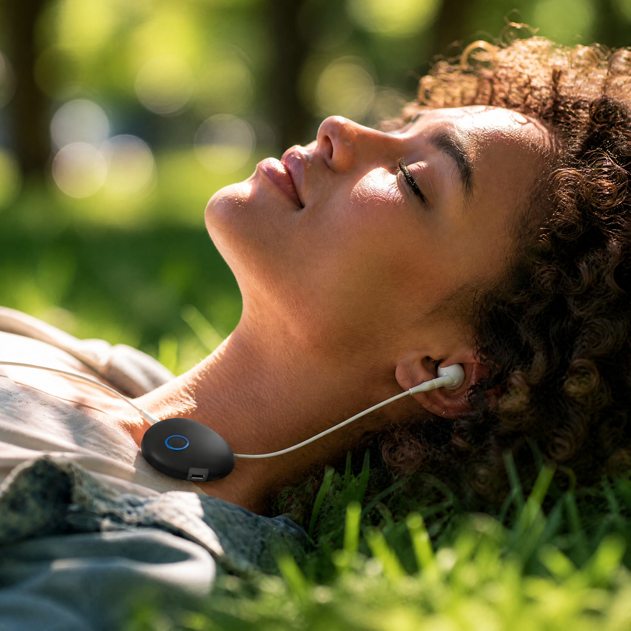 A woman relaxing outdoors on the grass with the Sensate device resting on her chest