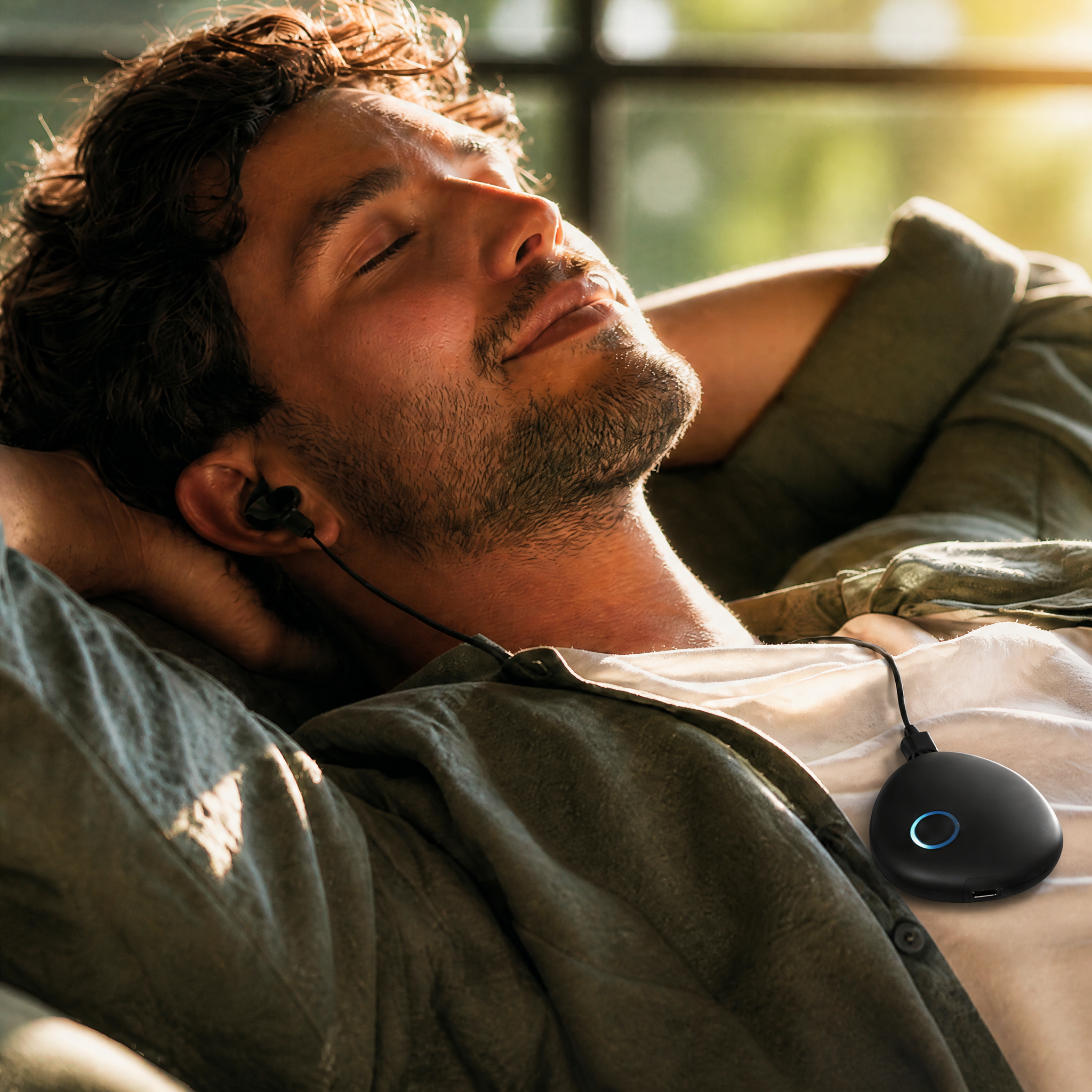 A man relaxing with the Sensate device resting on his chest