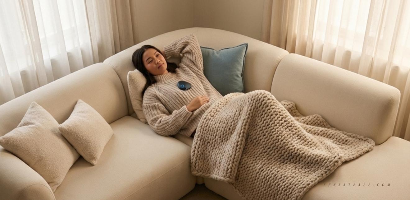 A woman relaxing on her couch under a blanket with the Sensate device resting on her chest